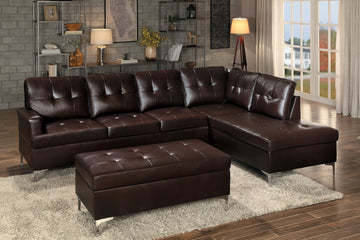 Contemporary Brown 3Pc Sectional Sofa With Rsf Chaise Ottoman Tufted Detail Faux Leather Upholstered Solid Wood Living Room Furniture L Shape Sofa Chaise Brown Faux Leather Wood Primary Living Space Contemporary L Shaped Solid Wood