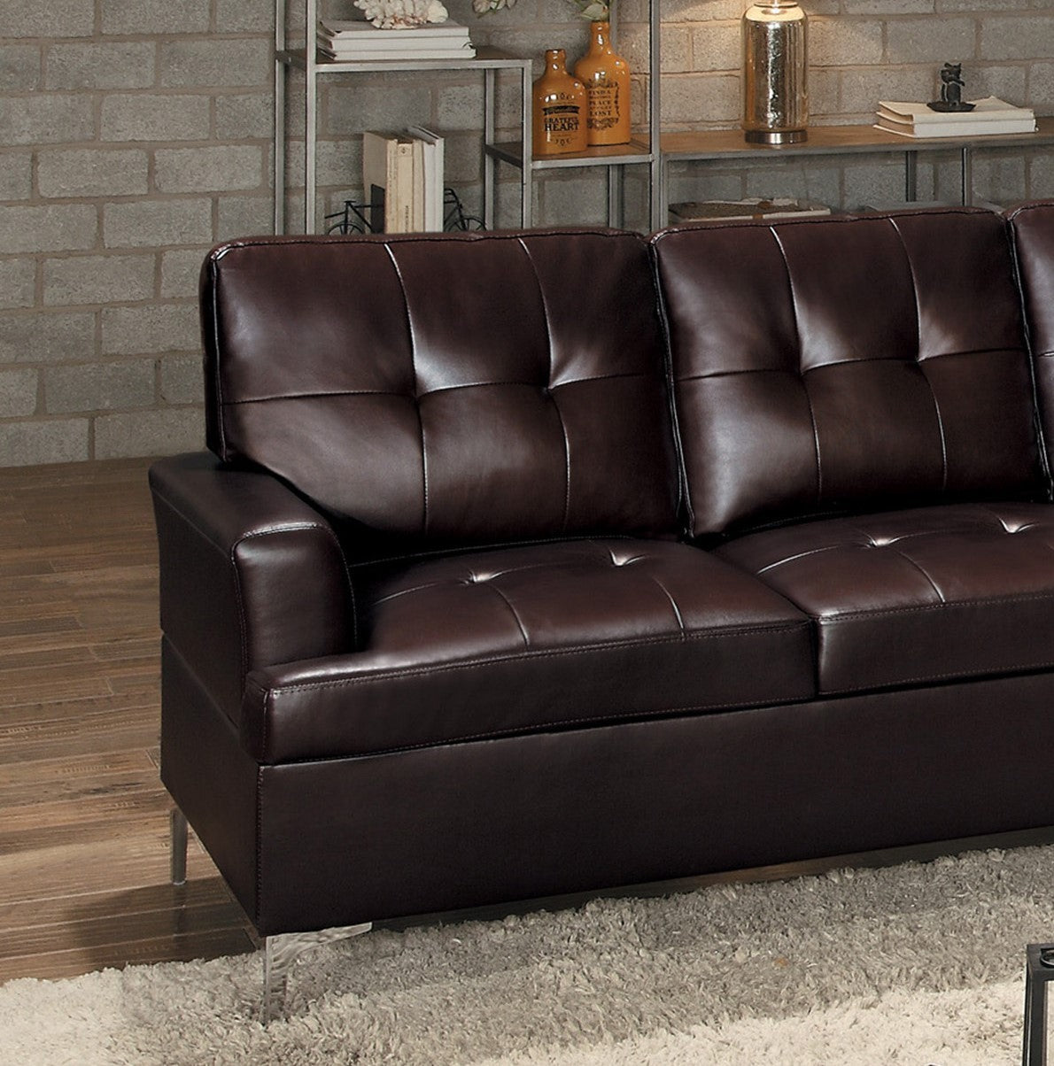 Contemporary Brown 3Pc Sectional Sofa With Rsf Chaise Ottoman Tufted Detail Faux Leather Upholstered Solid Wood Living Room Furniture L Shape Sofa Chaise Brown Faux Leather Wood Primary Living Space Contemporary L Shaped Solid Wood