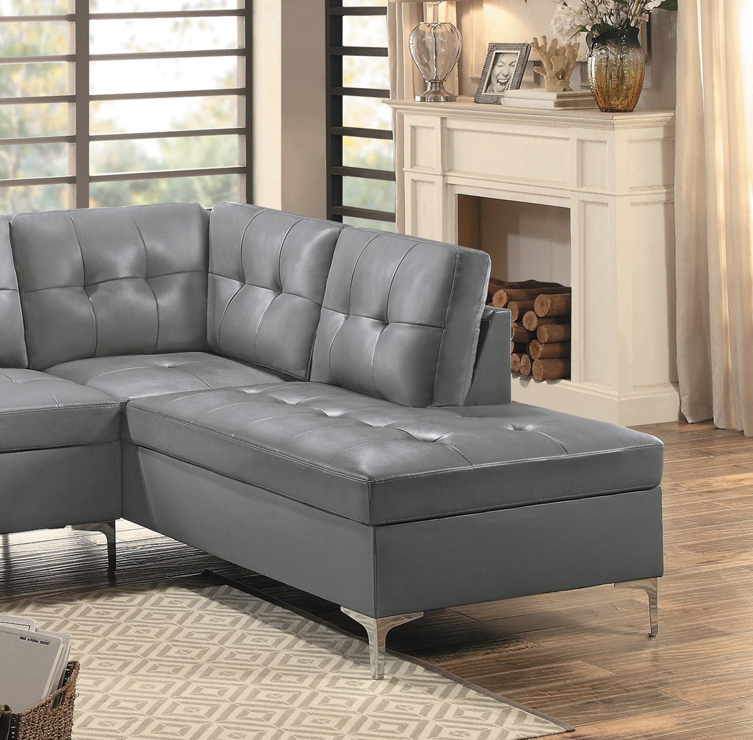 Contemporary Gray Faux Leather Upholstered 2Pc Sectional Sofa With Rsf Chaise Tufted Detail Solid Wood Living Room Furniture L Shape Sofa Chaise Gray Faux Leather Wood Primary Living Space Contemporary L Shaped Solid Wood