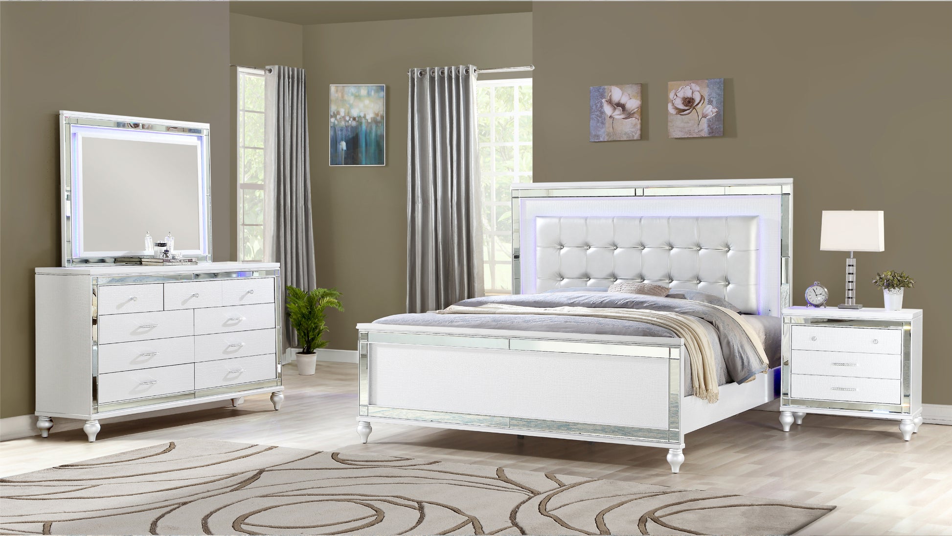 Sterling Full 4 Pc Led Bedroom Set Made With Wood In White Color Full White Wood 4 Piece Set Bedroom Bed Included,Dresser Included,Mirror Included,Nightstand Included Contemporary,Modern Wood