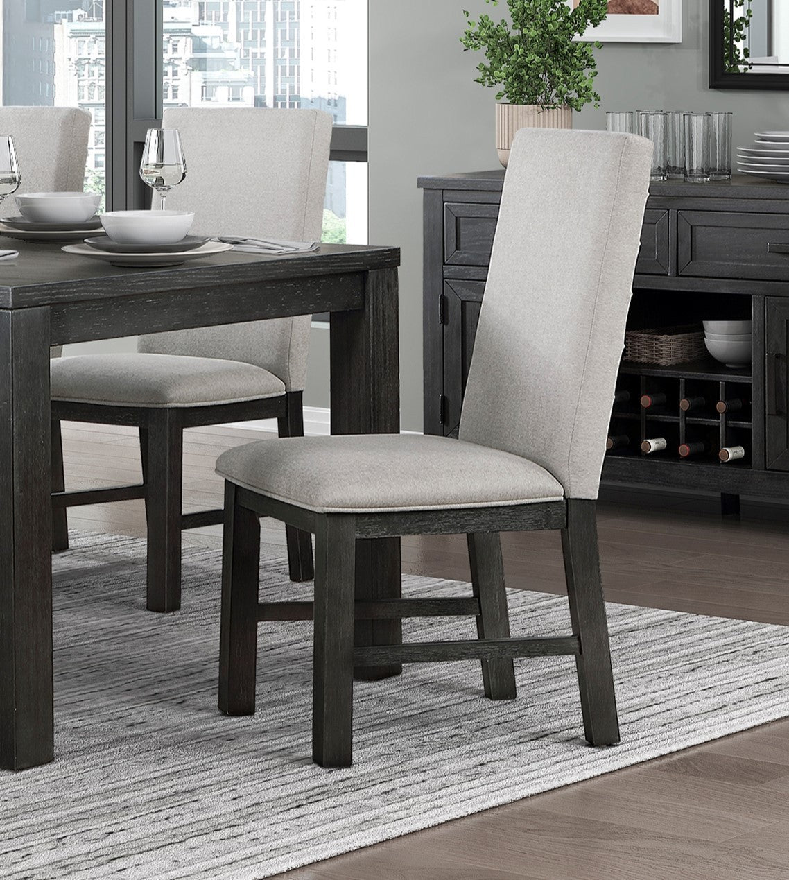 Antique Black Finish Modern 7Pc Dining Set Rectangular Table And 6 Upholstered Chairs Textured Gray Wooden Dining Room Furniture Upholstered Chair Wood Antique Black Seats 6 Wood Dining Room 72 Inches 4 Leg Rectangular Dining Table With Chair Wood