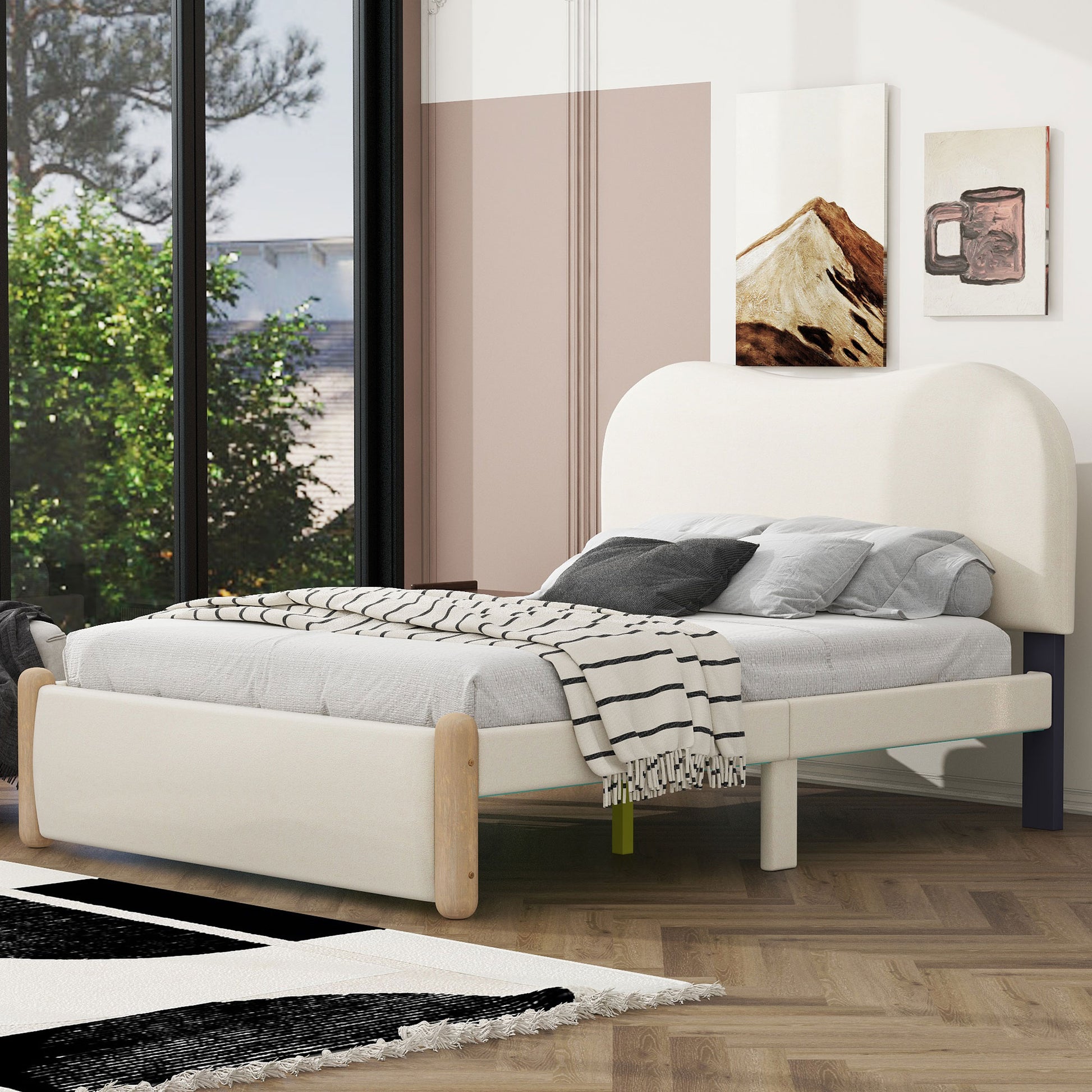 Full Size Upholstered Platform Bed With Wood Supporting Feet, Beige Box Spring Not Required Full Beige Bedroom Bed Frame Upholstered