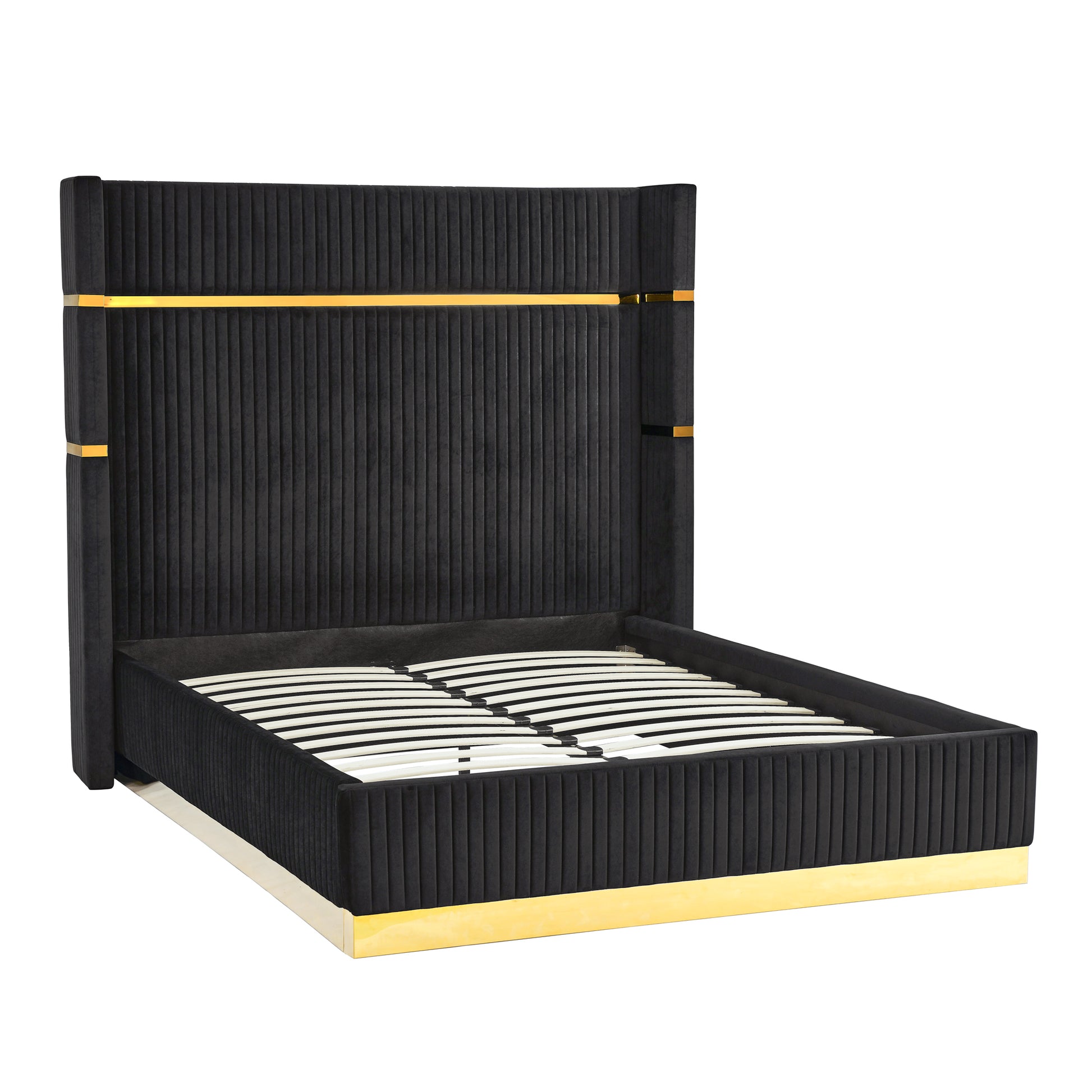 Corduroy Upholstered Bed Frame Queen Size 65" Tall Wingback Headboard Queen Bed Frame Metal Decoration No Box Spring Needed Box Spring Not Required Queen Black Wood Bedroom Eucalyptus Velvet Foam