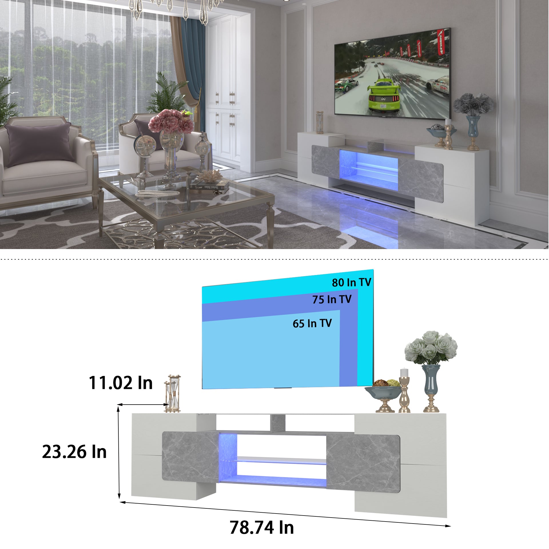 Video Tv Console With Storage Cabinets, Long Led Tv Stand Full Rgb Color Selection, 31 Modes Changing Lights Modern Entertainment Center With 2 Tempered Glass Shelves Grey White, For 80 Inches Marble Primary Living Space 80 89 Inches 80 89 Inches Modern