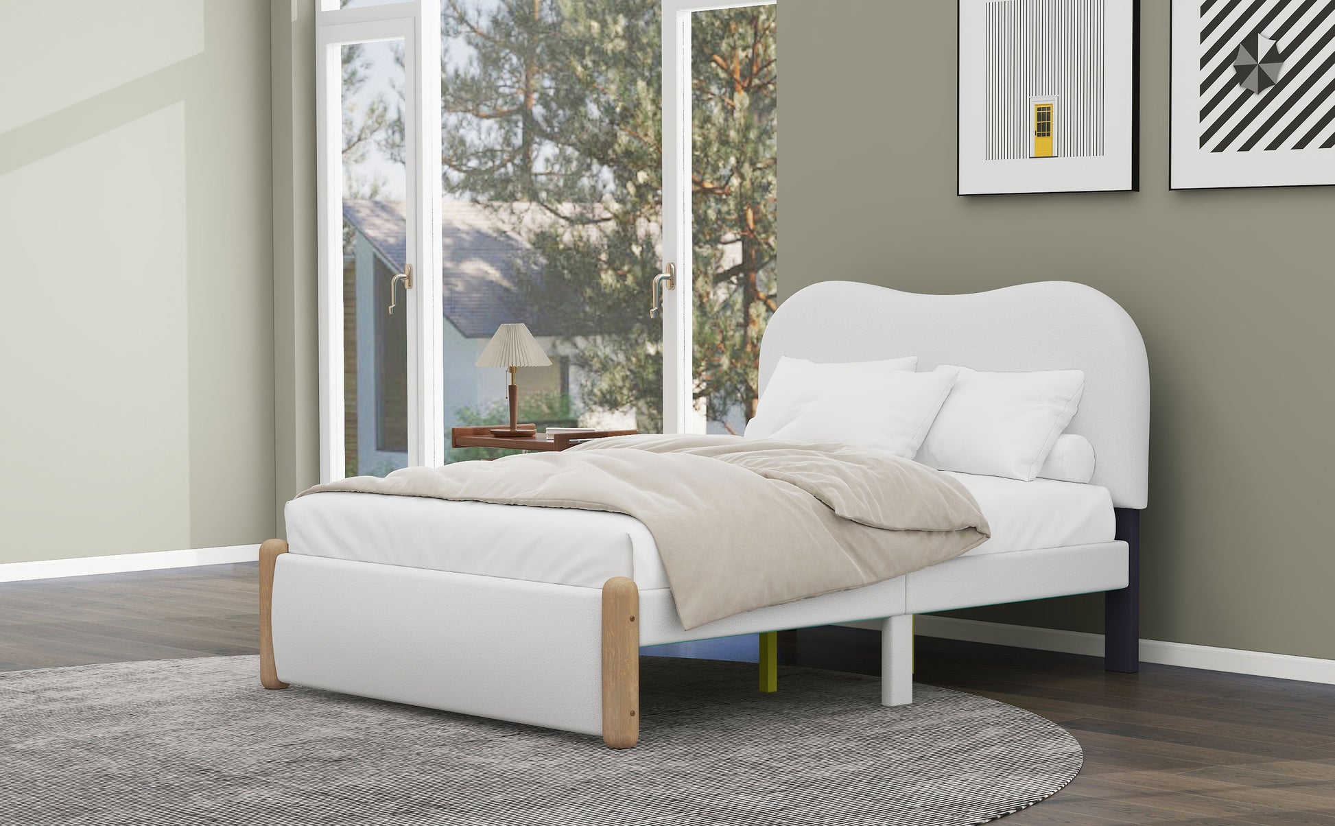 Full Size Upholstered Platform Bed With Wood Supporting Feet, White Box Spring Not Required Full White Bedroom Bed Frame Upholstered