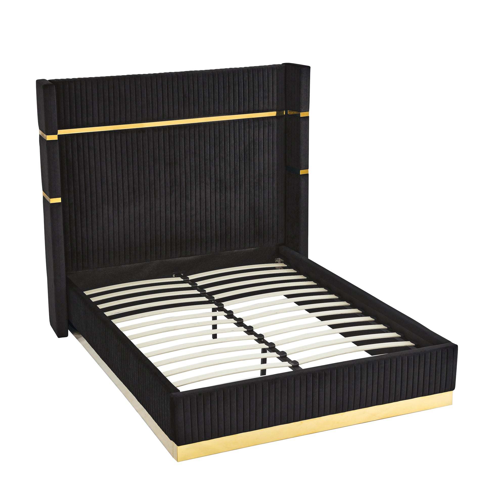 Corduroy Upholstered Bed Frame Queen Size 65" Tall Wingback Headboard Queen Bed Frame Metal Decoration No Box Spring Needed Box Spring Not Required Queen Black Wood Bedroom Eucalyptus Velvet Foam