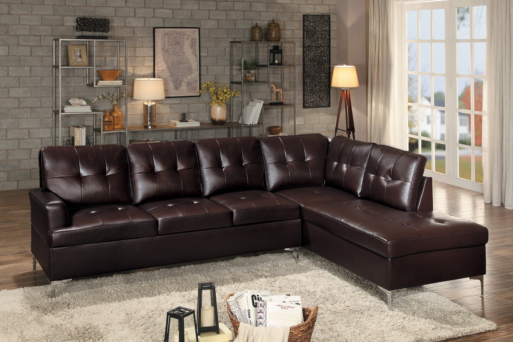 Contemporary Brown 3Pc Sectional Sofa With Rsf Chaise Ottoman Tufted Detail Faux Leather Upholstered Solid Wood Living Room Furniture L Shape Sofa Chaise Brown Faux Leather Wood Primary Living Space Contemporary L Shaped Solid Wood