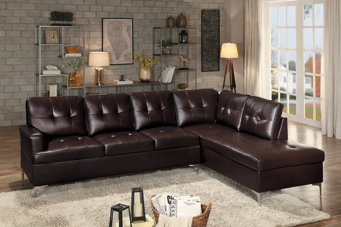 Contemporary Brown Faux Leather Upholstered 2Pc Sectional Sofa With Rsf Chaise Tufted Detail Solid Wood Living Room Furniture Brown Faux Leather Wood Primary Living Space Contemporary L Shaped Solid Wood