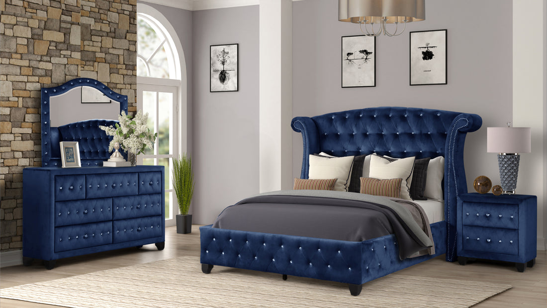 Sophia Modern Style Crystal Tufted Queen 4 Piece Includes: Queen Size Bed, Nightstand, Dresser, And Mirror Velvet Fabric Upholstery Bedroom Set Made With Wood In Blue Box Spring Not Required Queen Blue Wood 4 Piece Set Bedroom Bed Included,Dresser