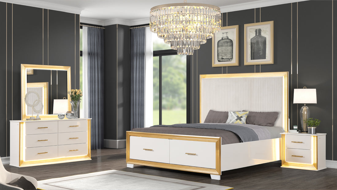 Contemporary Style 4Pc King Bedroom Set Made With Wood & Gold Finish Box Spring Not Required King White Wood 4 Piece Set Bedroom Bed Included,Dresser Included,Mirror Included,Nightstand Included Contemporary,Modern Solid Wood Mdf Built In Lighting Wood