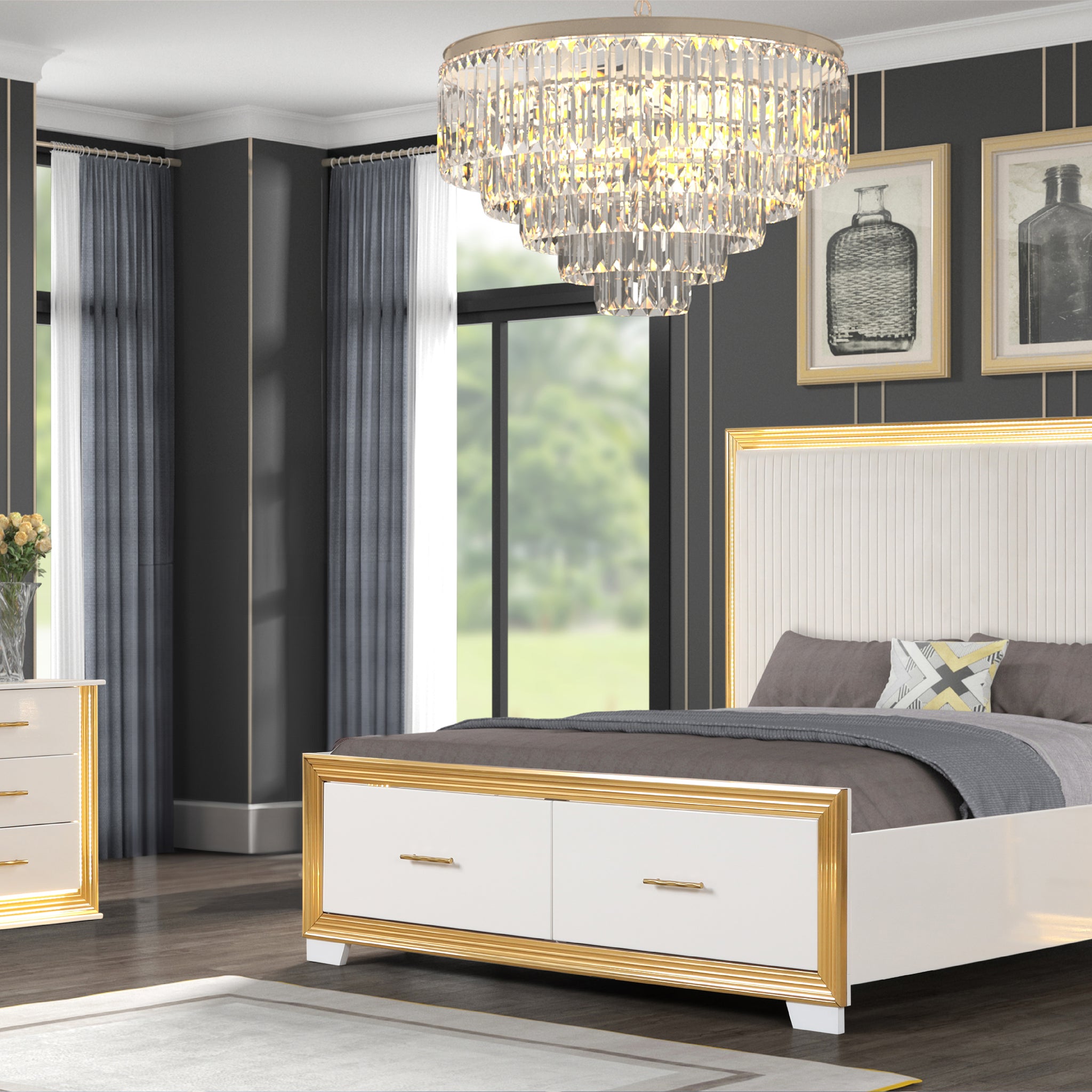 Contemporary Style 4Pc Queen Bedroom Set Made With Wood & Gold Finish Box Spring Not Required Queen White Wood 4 Piece Set Bedroom Bed Included,Dresser Included,Mirror Included,Nightstand Included Contemporary,Modern Solid Wood Mdf Built In Lighting Wood