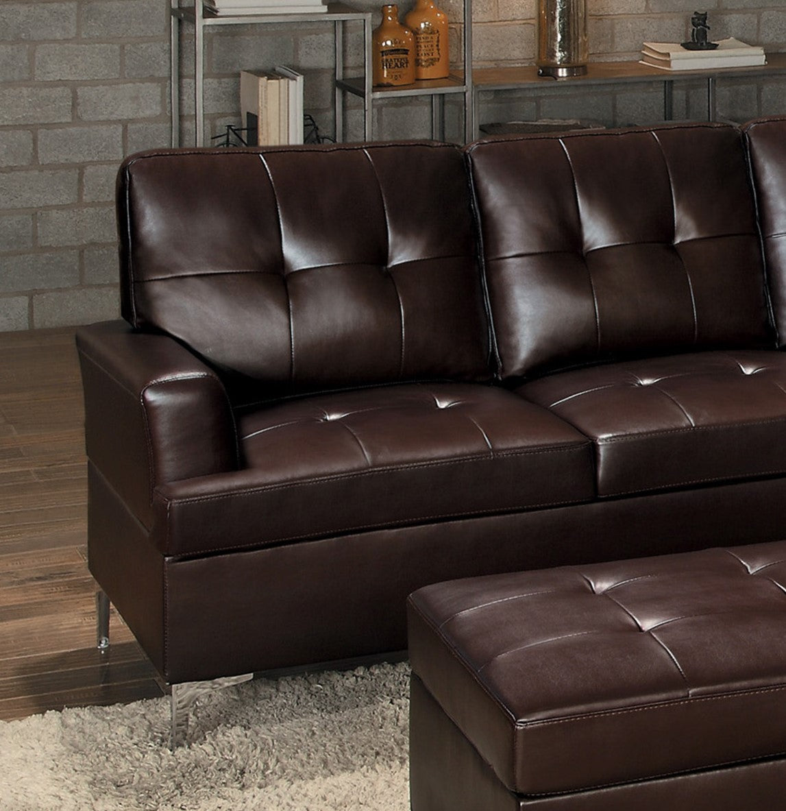 Contemporary Brown 3Pc Sectional Sofa With Rsf Chaise Ottoman Tufted Detail Faux Leather Upholstered Solid Wood Living Room Furniture L Shape Sofa Chaise Brown Faux Leather Wood Primary Living Space Contemporary L Shaped Solid Wood