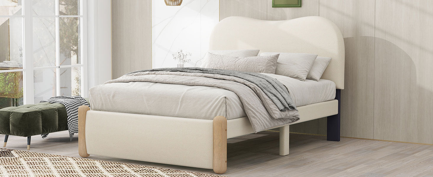 Twin Size Upholstered Platform Bed With Wood Supporting Feet, Beige Box Spring Not Required Twin Beige Bedroom Bed Frame Upholstered