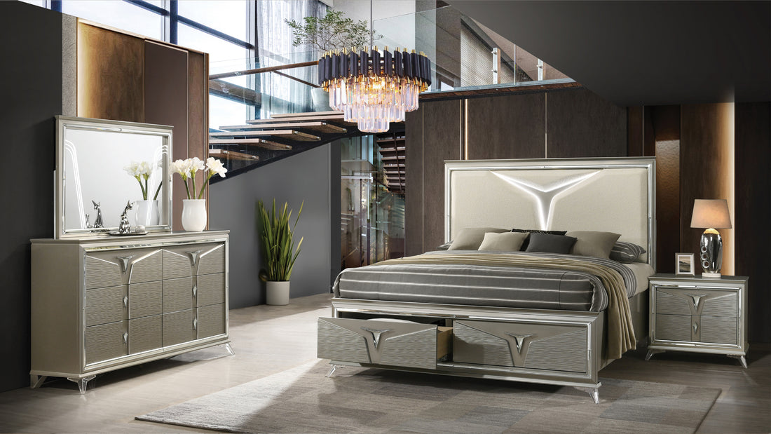 Samantha Modern Style King 4Pc Bedroom Set Made With Wood & Led Headboard Box Spring Not Required King Silver Wood 4 Piece Set Bedroom Bed Included,Dresser Included,Mirror Included,Nightstand Included Contemporary,Modern Upholstered Wood