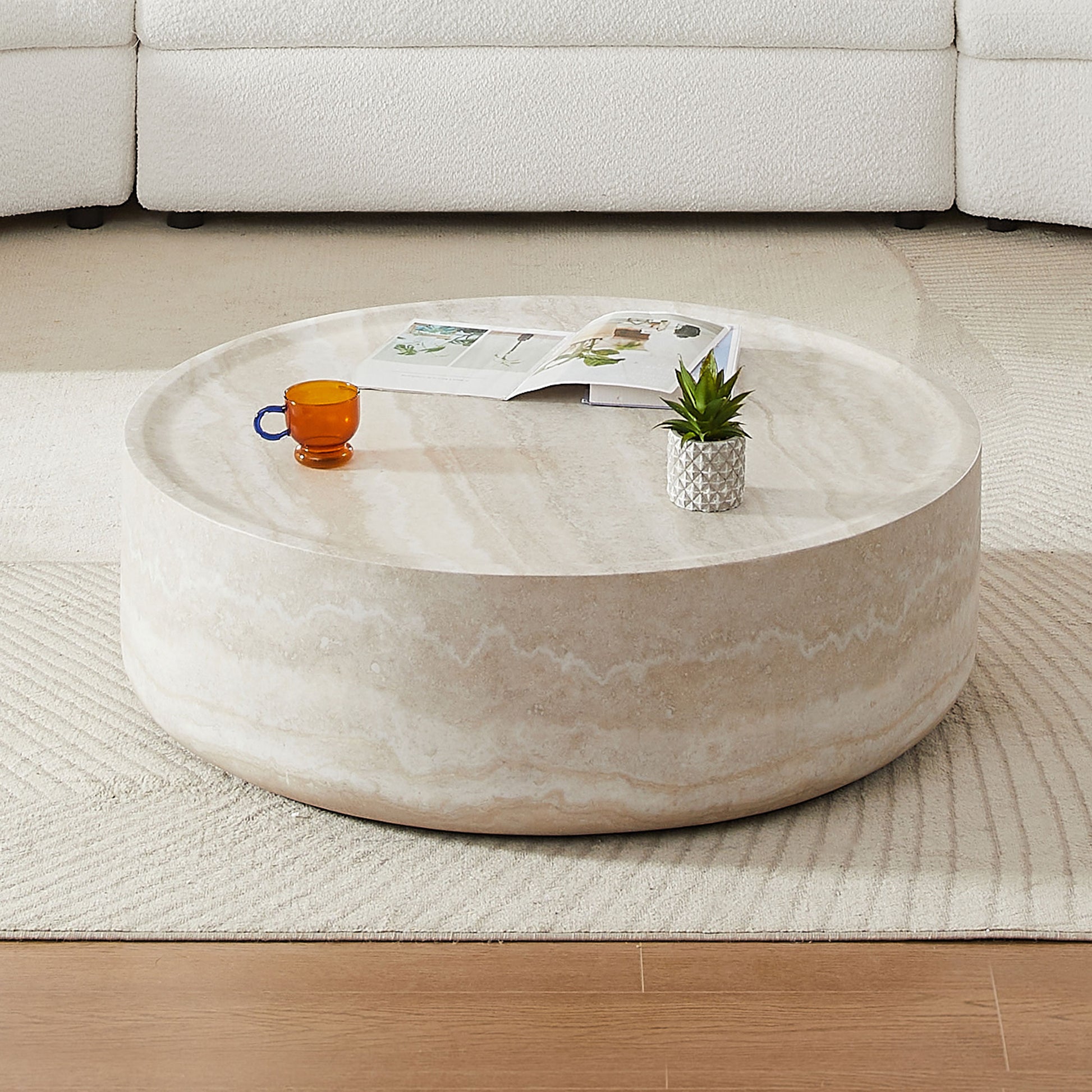 39.37'' Faux Mars Pattern Coffee Tables For Living Room Round Tea Faux Travertine Textured Table For Living Room, No Need Assembly. Marble Fiberglass