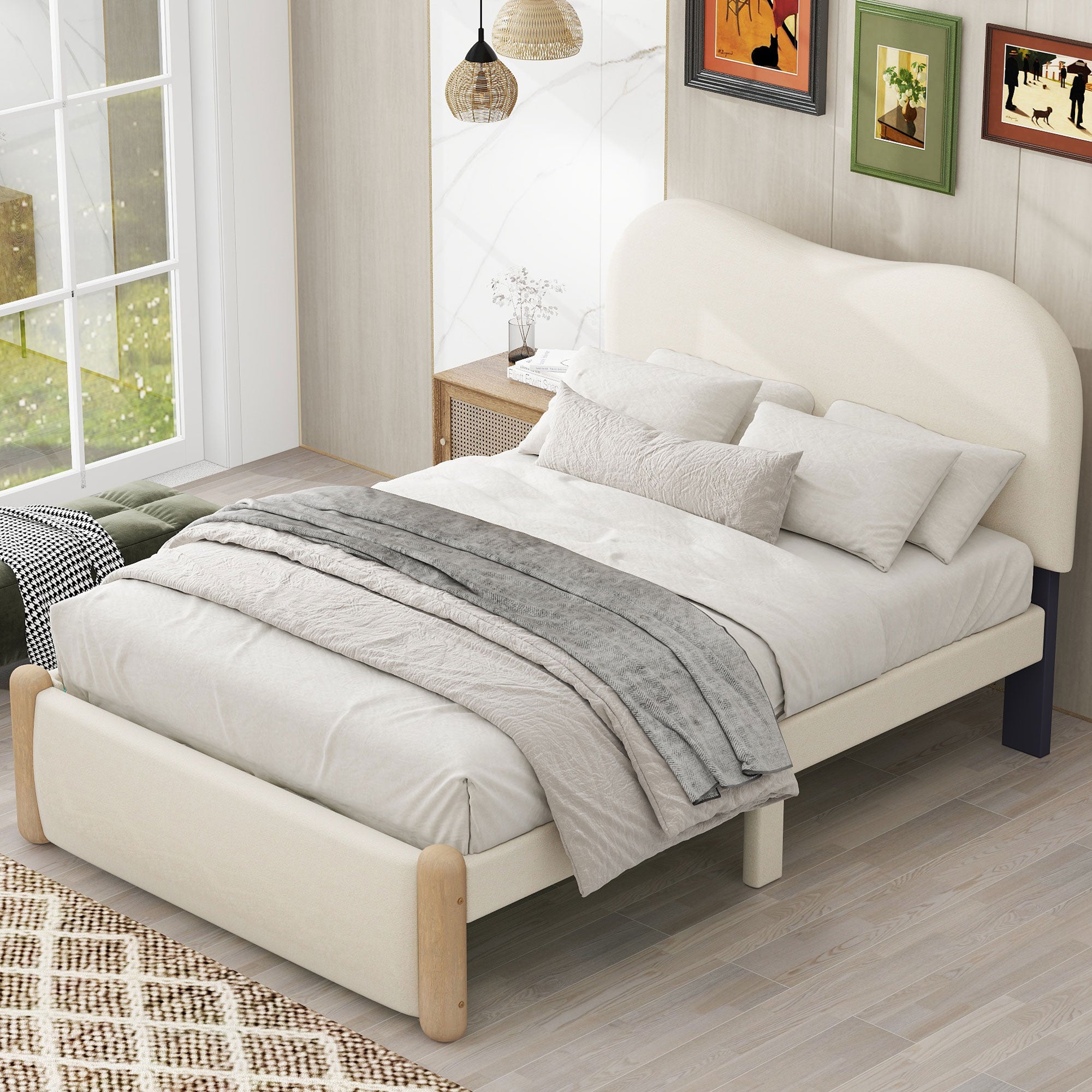 Twin Size Upholstered Platform Bed With Wood Supporting Feet, Beige Box Spring Not Required Twin Beige Bedroom Bed Frame Upholstered