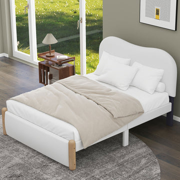 Full Size Upholstered Platform Bed With Wood Supporting Feet, White Box Spring Not Required Full White Bedroom Bed Frame Upholstered