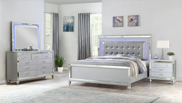 Sterling King 4 Pc Led Bedroom Set Made With Wood In Silver King Silver Wood 4 Piece Set Bedroom Bed Included,Chest Included,Dresser Included,Mirror Included,Nightstand Included Contemporary,Modern Solid Wood Mdf Built In Lighting Wood