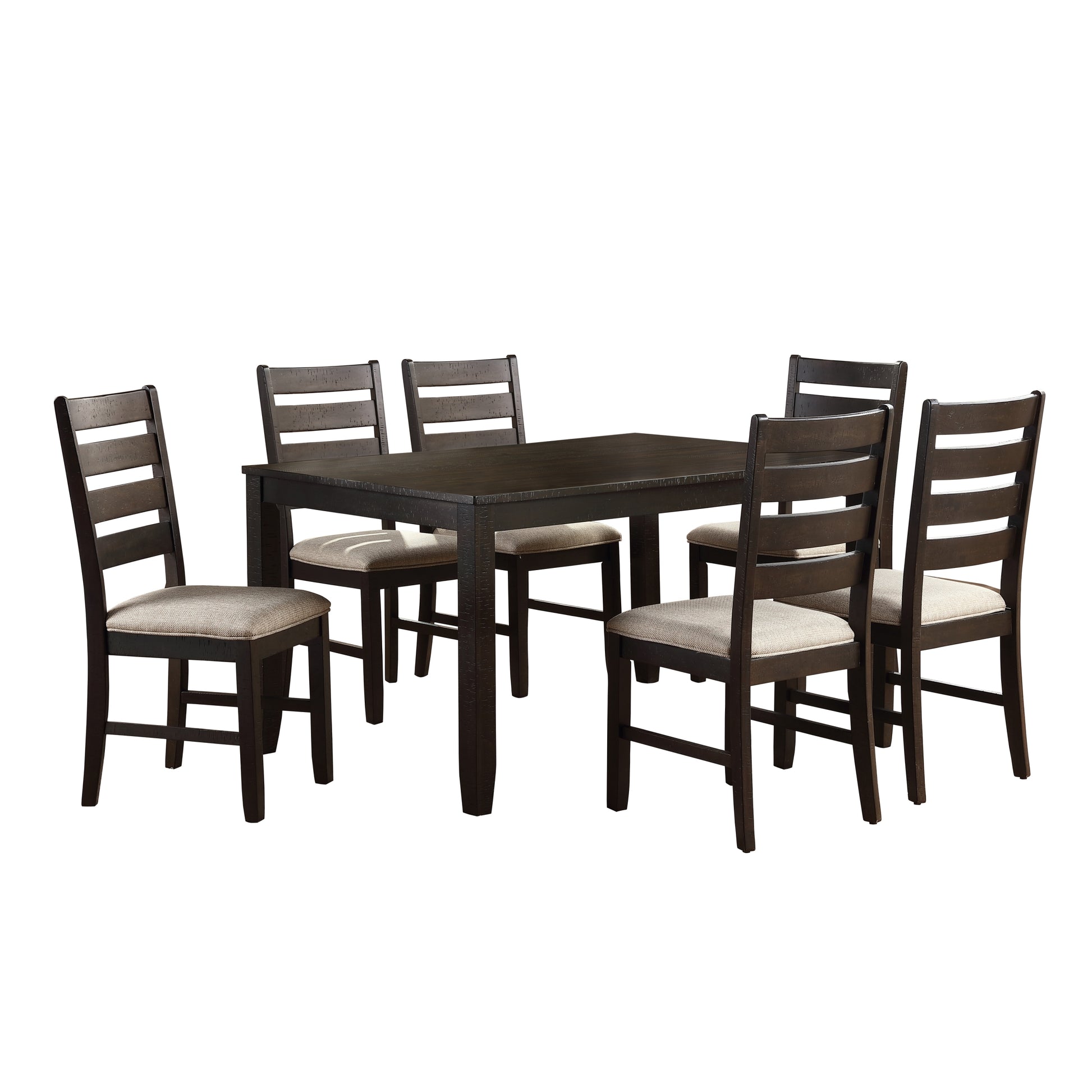 7Pc Dining Set Brown Finish Table And 6 Side Chairs Beige Upholstery Seat Ladder Back Wooden Kitchen Dining Furniture Wood Wood Brown Seats 6 Wood Dining Room 60 Inches Casual,Contemporary,Farmhouse,Transitional 4 Leg Rectangular Dining Table With Chair