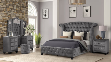 Sophia Modern Style Crystal Tufted Queen 4 Piece Includes: Queen Size Bed, Nightstand, Vanity Set Velvet Fabric Upholstery Vanity Bedroom Set Made With Wood In Gray Box Spring Not Required Queen Gray Wood 4 Piece Set Bedroom Contemporary,Modern Acacia