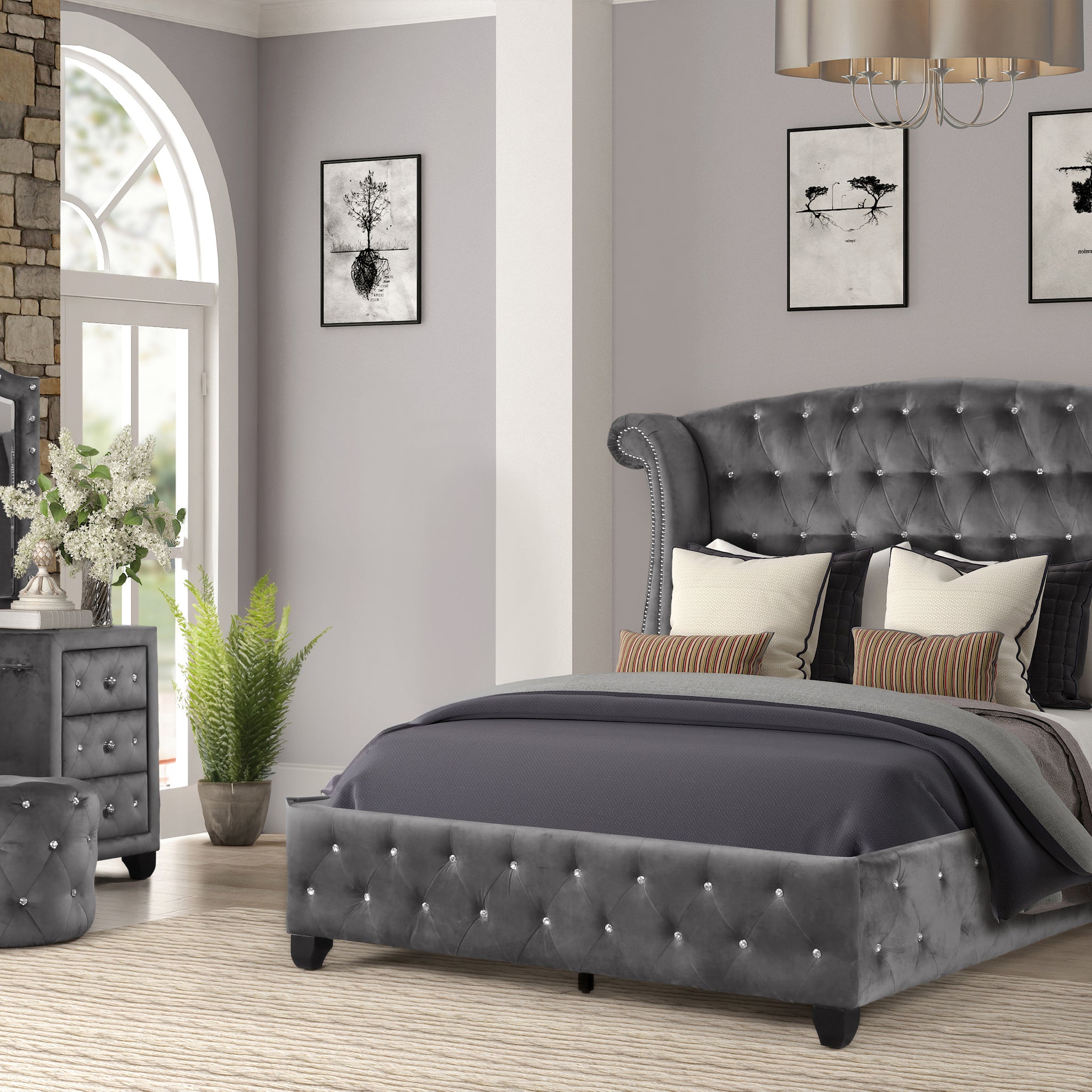 Modern Style Crystal Tufted King 4 Piece Includes: King Size Bed, Nightstand, Vanity Set Velvet Fabric Upholstery Vanity Bedroom Set Made With Wood In Gray Box Spring Not Required King Gray Wood 4 Piece Set Bedroom Contemporary,Modern Acacia Upholstered