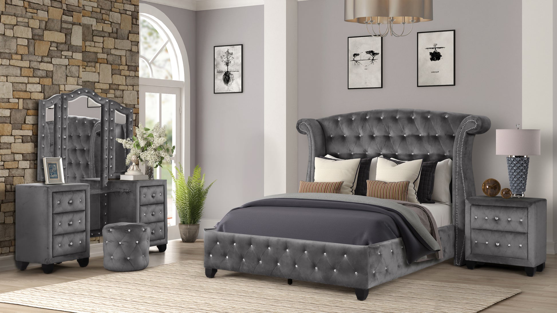 Modern Style Crystal Tufted King 4 Piece Includes: King Size Bed, Nightstand, Vanity Set Velvet Fabric Upholstery Vanity Bedroom Set Made With Wood In Gray Box Spring Not Required King Gray Wood 4 Piece Set Bedroom Contemporary,Modern Acacia Upholstered