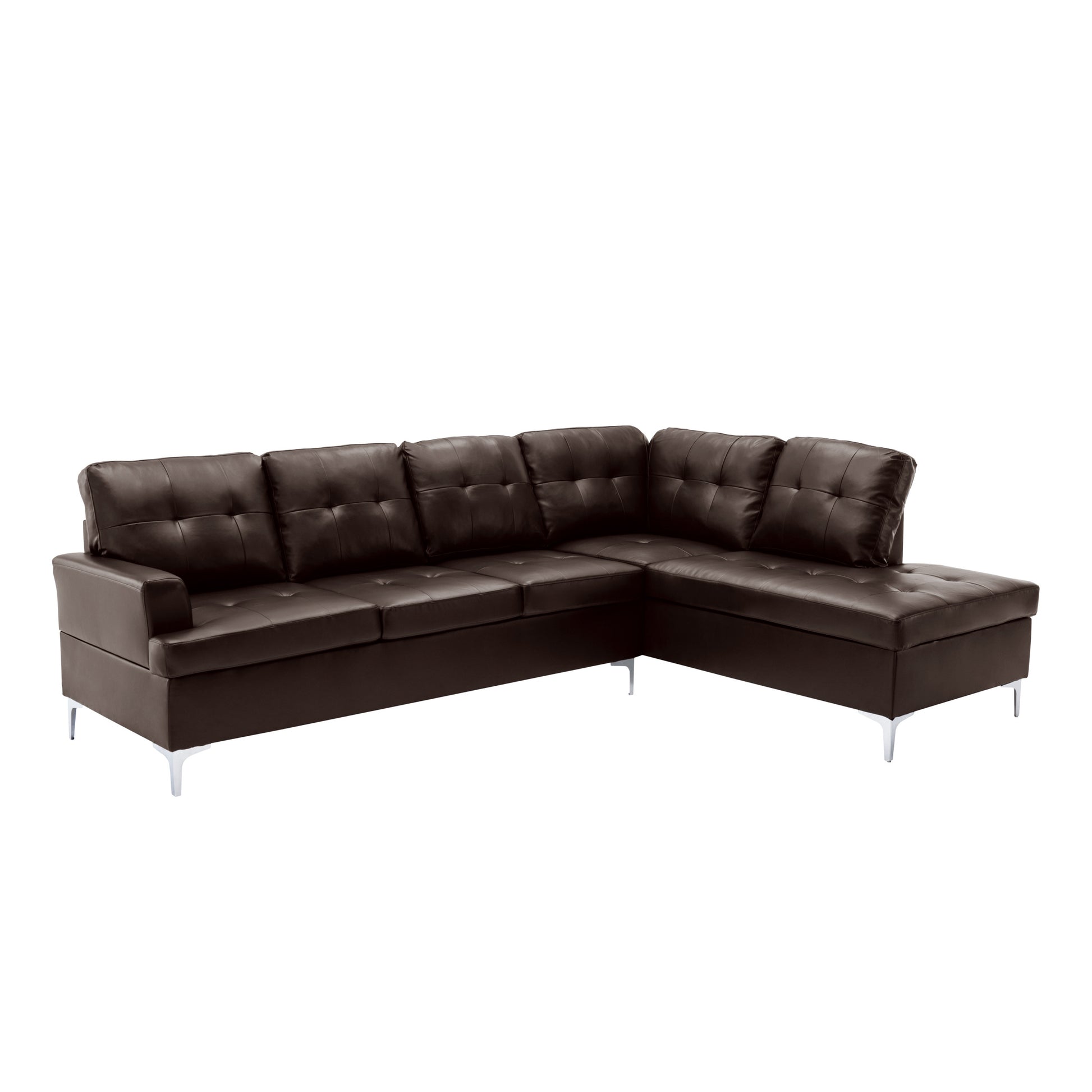 Contemporary Brown Faux Leather Upholstered 2Pc Sectional Sofa With Rsf Chaise Tufted Detail Solid Wood Living Room Furniture Brown Faux Leather Wood Primary Living Space Contemporary L Shaped Solid Wood