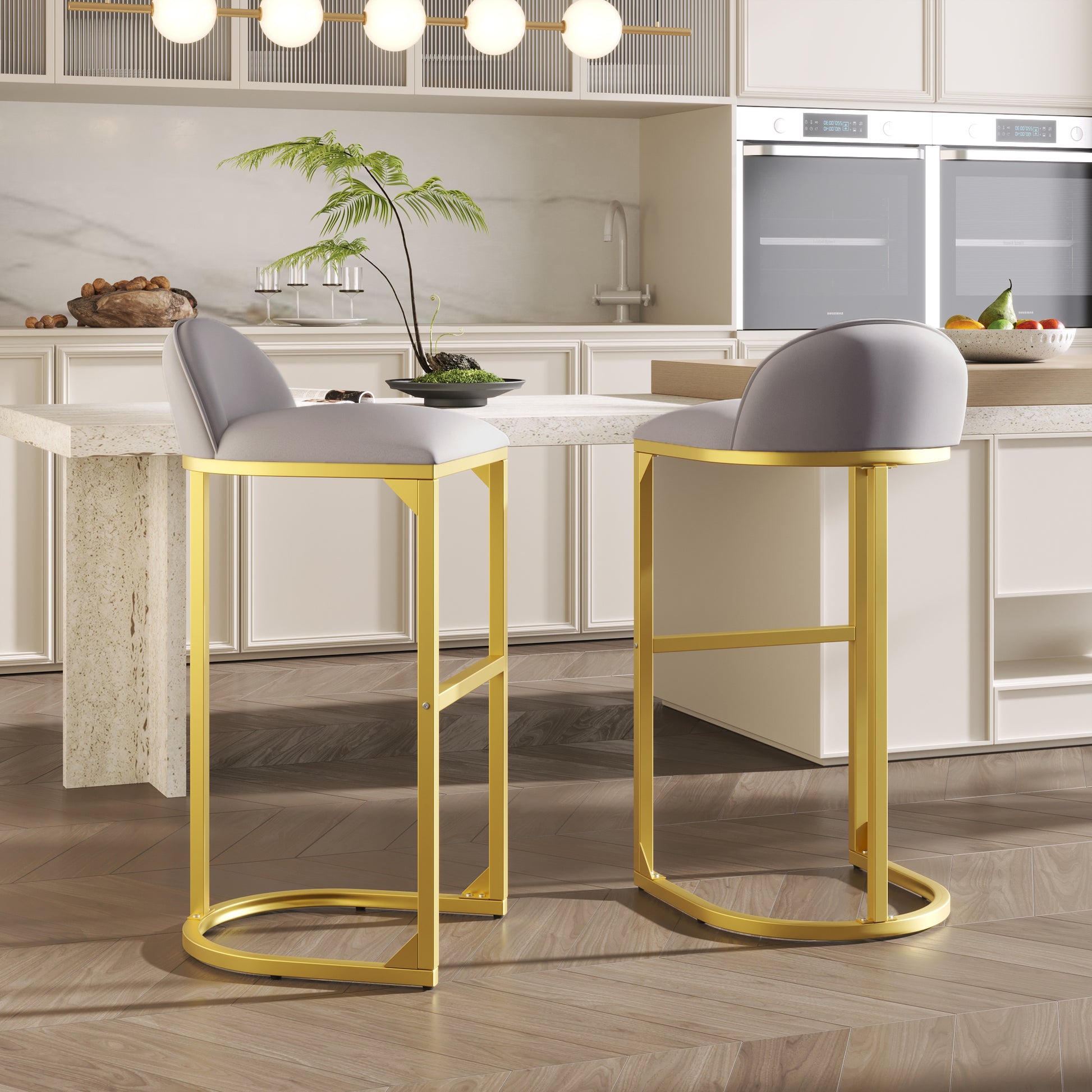 30" Counter Height Bar Stools Set Of 2, Bar Stools With Back And Gold Metal Frame, Modern Luxury Bar Stools With Footrest, Upholstered Velvet Counter Stool Chairs For Kitchen Island Metal Grey Gold Dining Room Powder Coated Sponge Wipe Clean Rectangular