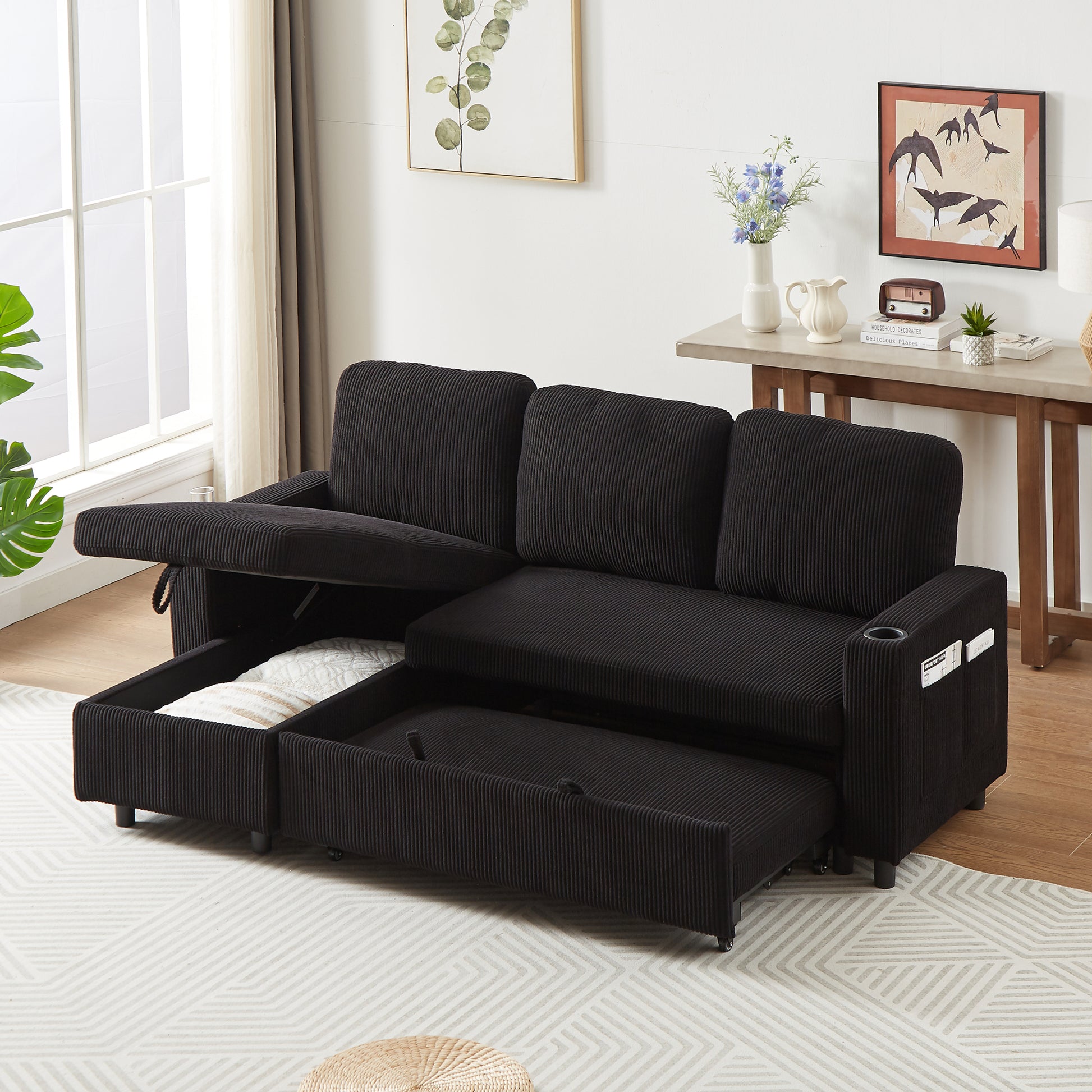 Fx78.7" Comfortable Corduroy L Shaped Combo Sofa Bed, Living Room Furniture Set For Tight Spaces, Reversible Sleeper Combo Sofa With Pullout Bed, Reversible Sofa Bed For Living Room, W1926S00010 Black Wood Primary Living Space Foam Corduroy 3 Seat