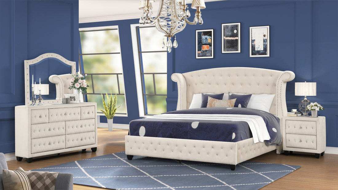 Sophia Queen 4 Pc Bedroom Set Made With Wood In Cream Box Spring Not Required Queen Cream Wood 4 Piece Set Bedroom Bed Included,Dresser Included,Mirror Included,Nightstand Included Contemporary,Modern Upholstered Velvet Tufted Wood