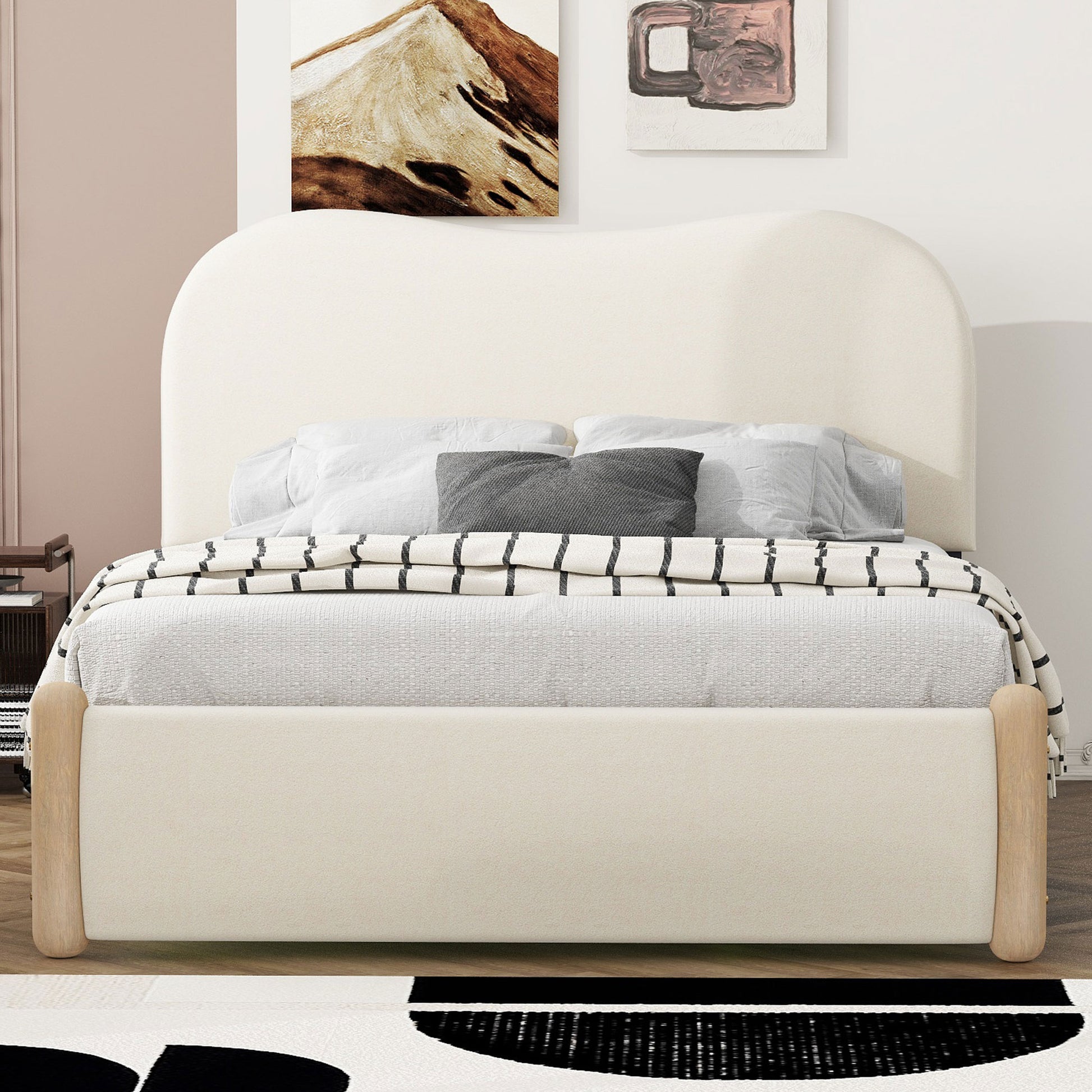 Full Size Upholstered Platform Bed With Wood Supporting Feet, Beige Box Spring Not Required Full Beige Bedroom Bed Frame Upholstered