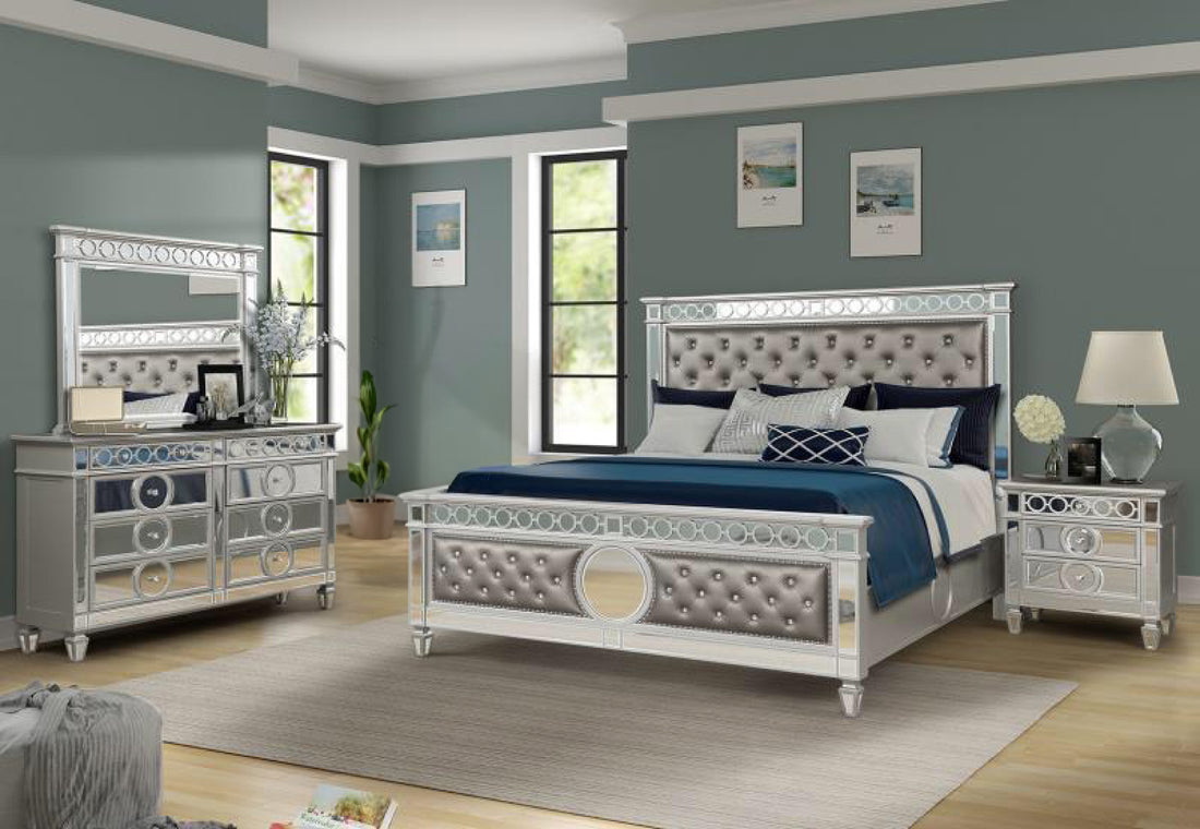 Symphony Modern Style Mirror Front Queen 4 Piece Upholstery Bedroom Set Made With Wood In Silver Box Spring Required Queen Silver Wood 4 Piece Set Bedroom Bed Included,Dresser Included,Mirror Included,Nightstand Included Modern Solid Wood Mdf Polyester