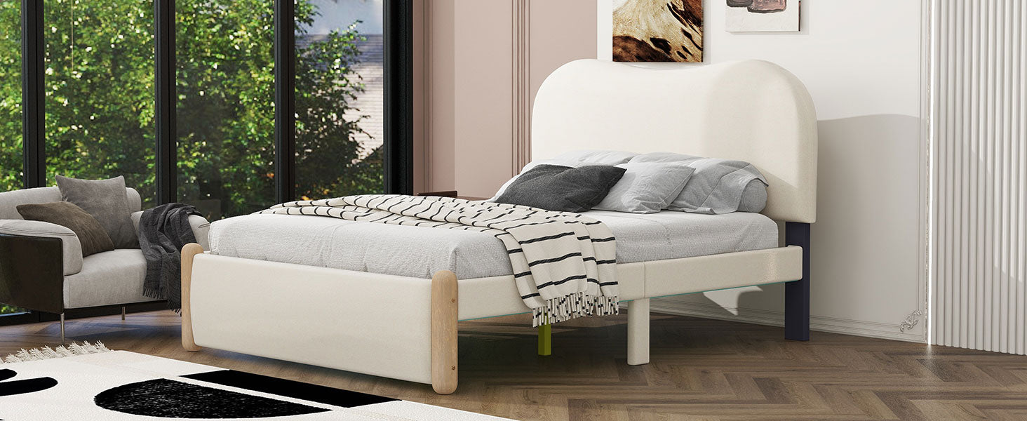 Full Size Upholstered Platform Bed With Wood Supporting Feet, Beige Box Spring Not Required Full Beige Bedroom Bed Frame Upholstered