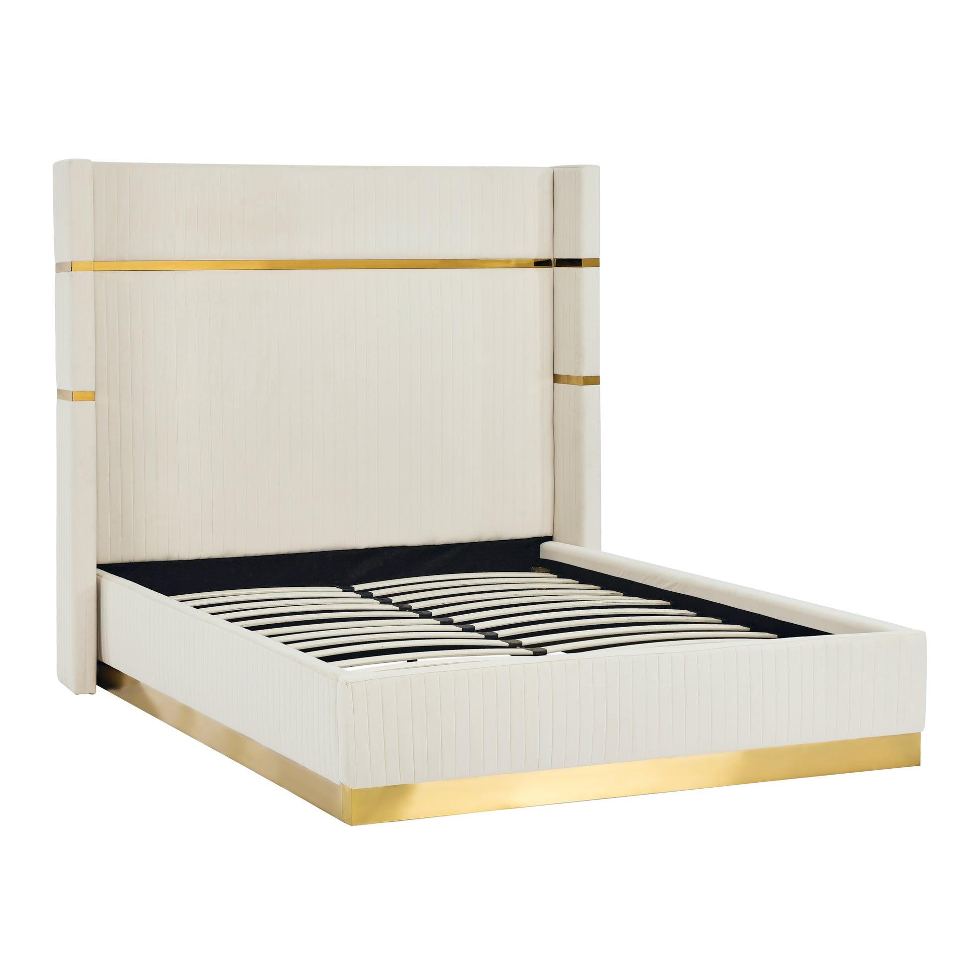 Corduroy Upholstered Bed Frame Queen Size 65" Tall Wingback Headboard Queen Bed Frame Metal Decoration No Box Spring Needed Box Spring Not Required Queen Beige Wood Bedroom Eucalyptus Velvet Foam