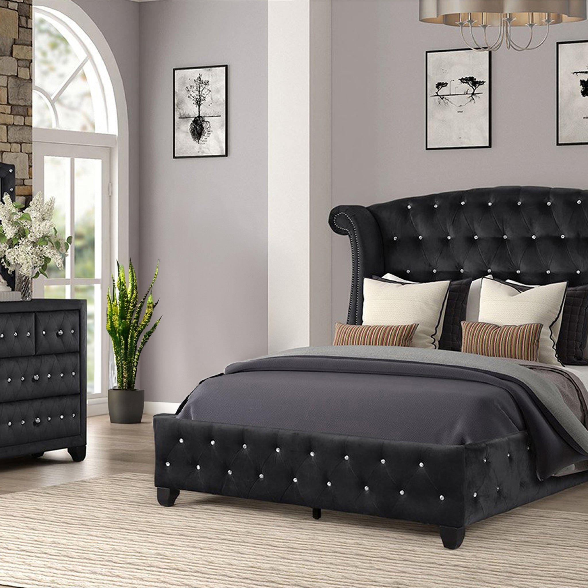 Full 4 Pc Upholstery Bedroom Set Made With Wood In Black Box Spring Not Required Full Black Wood 4 Piece Set Bedroom Contemporary,Modern Acacia Upholstered Velvet Tufted Wood