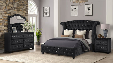 Full 4 Pc Upholstery Bedroom Set Made With Wood In Black Box Spring Not Required Full Black Wood 4 Piece Set Bedroom Contemporary,Modern Acacia Upholstered Velvet Tufted Wood