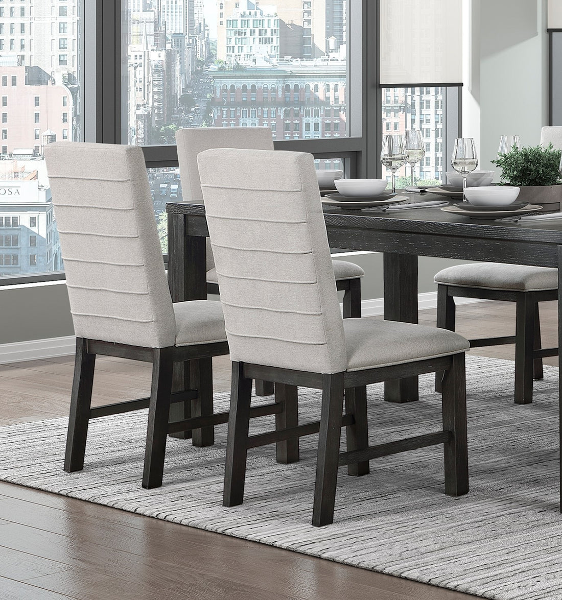 Antique Black Finish Modern 7Pc Dining Set Rectangular Table And 6 Upholstered Chairs Textured Gray Wooden Dining Room Furniture Upholstered Chair Wood Antique Black Seats 6 Wood Dining Room 72 Inches 4 Leg Rectangular Dining Table With Chair Wood