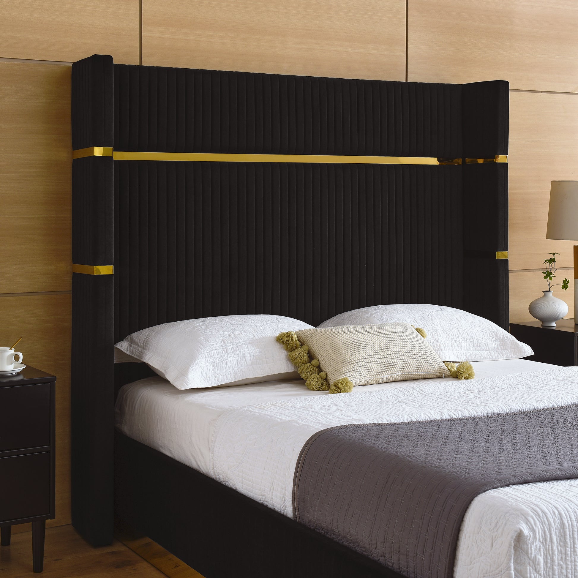 Corduroy Upholstered Bed Frame Queen Size 65" Tall Wingback Headboard Queen Bed Frame Metal Decoration No Box Spring Needed Box Spring Not Required Queen Black Wood Bedroom Eucalyptus Velvet Foam