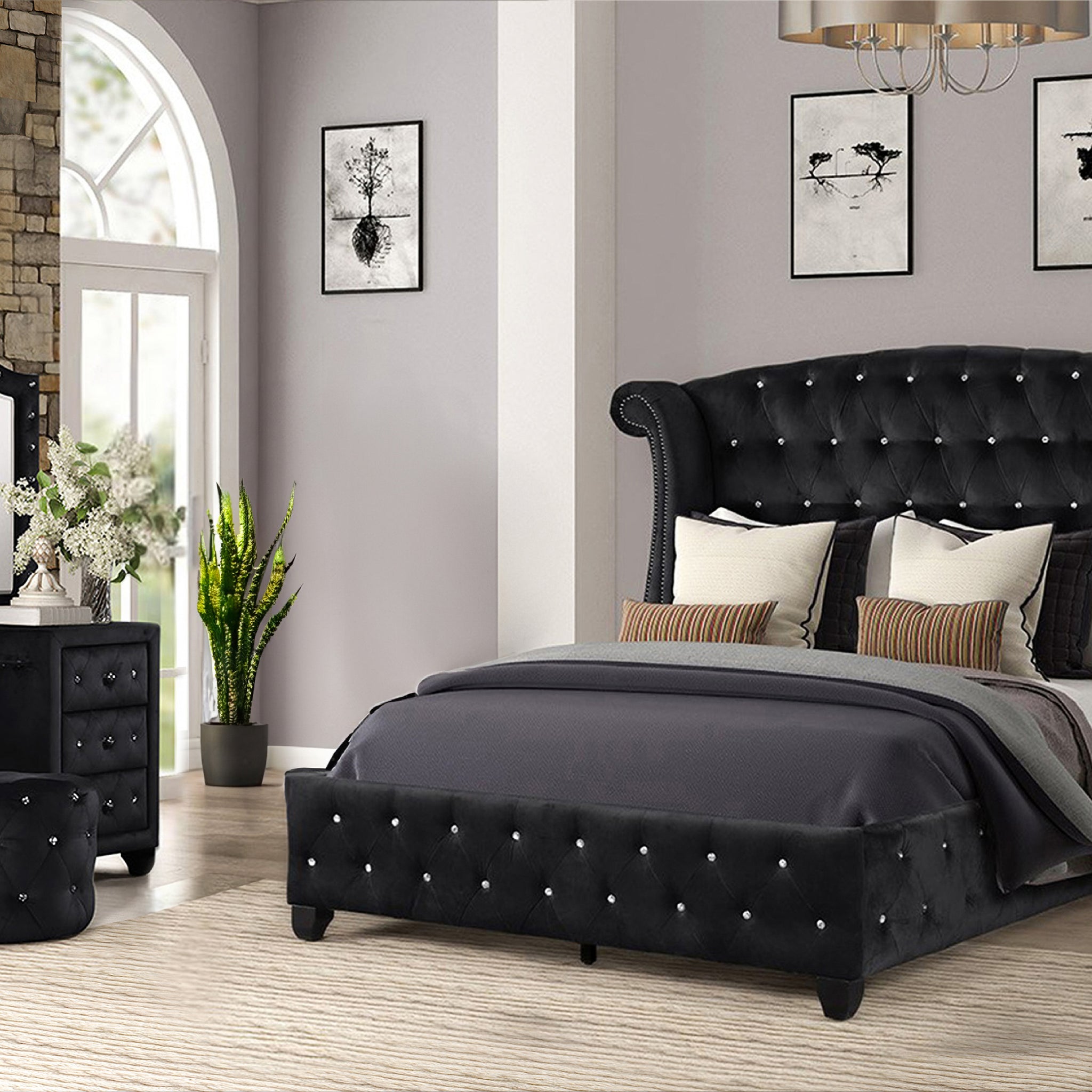 Full 4 Pc Vanity Upholstery Bedroom Set Made With Wood In Black Box Spring Not Required Full Black Wood 4 Piece Set Bedroom Contemporary,Modern Acacia Upholstered Velvet Tufted Wood