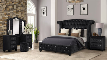 Full 4 Pc Vanity Upholstery Bedroom Set Made With Wood In Black Box Spring Not Required Full Black Wood 4 Piece Set Bedroom Contemporary,Modern Acacia Upholstered Velvet Tufted Wood