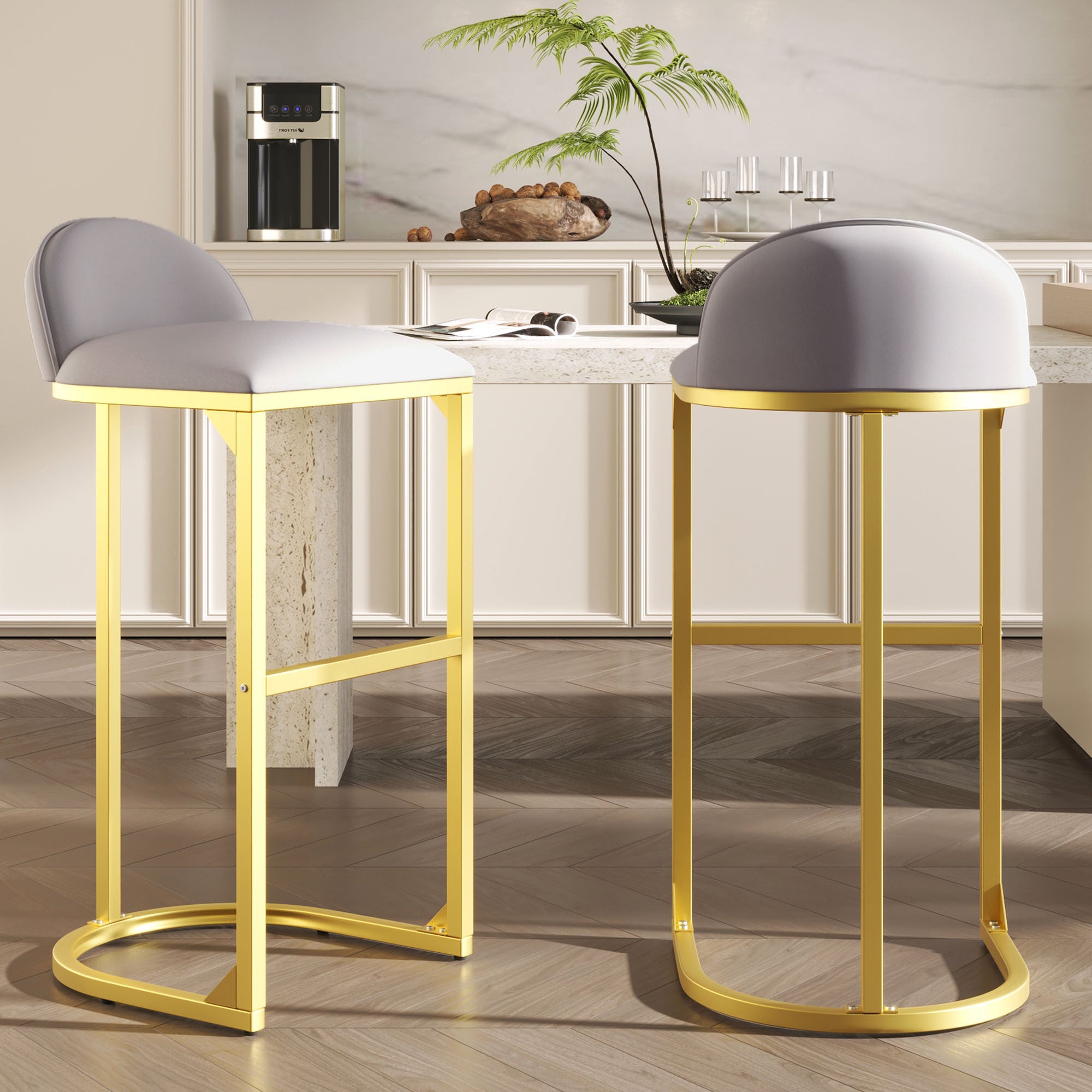 30" Counter Height Bar Stools Set Of 2, Bar Stools With Back And Gold Metal Frame, Modern Luxury Bar Stools With Footrest, Upholstered Velvet Counter Stool Chairs For Kitchen Island Metal Grey Gold Dining Room Powder Coated Sponge Wipe Clean Rectangular