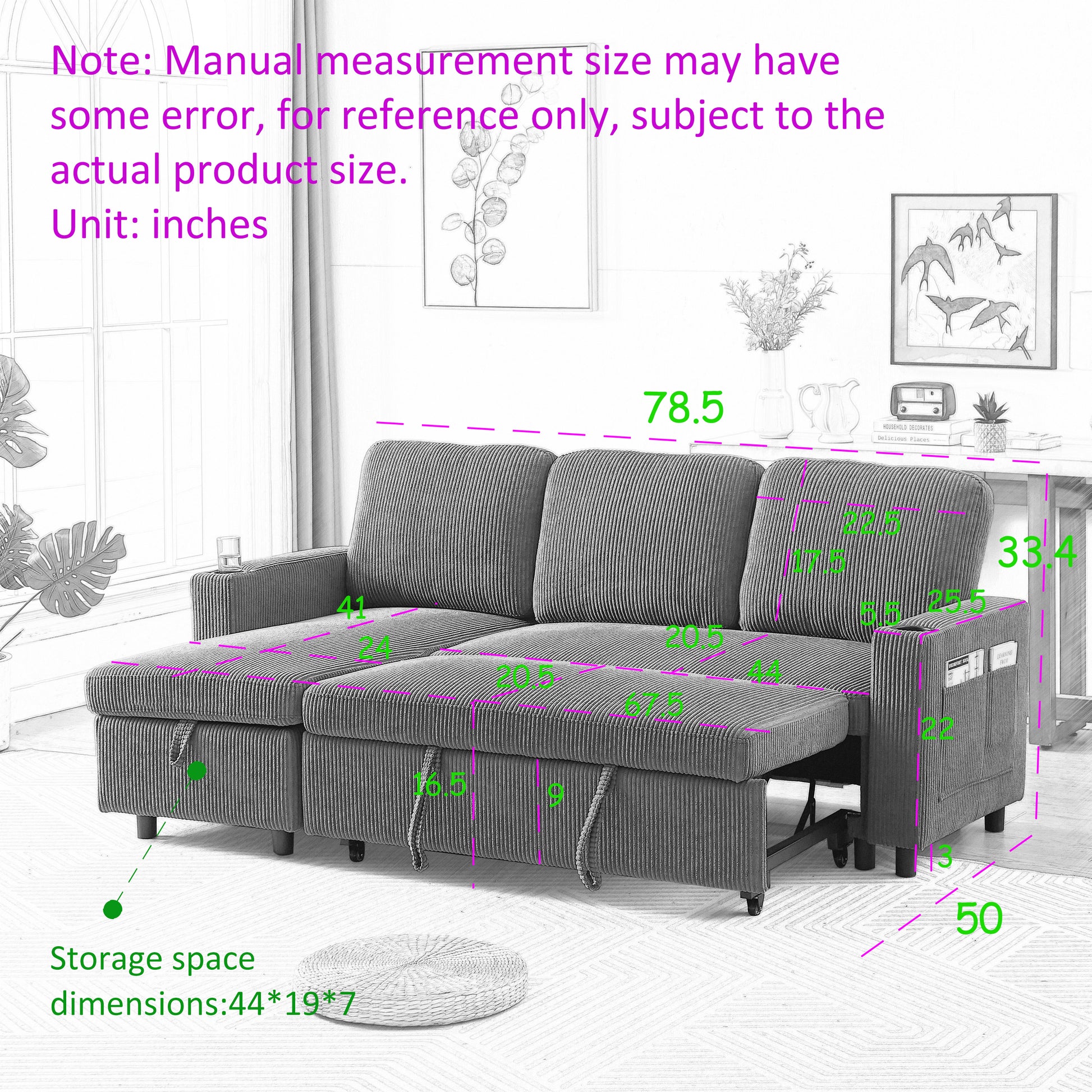 Fx78.7" Comfortable Corduroy L Shaped Combo Sofa Bed, Living Room Furniture Set For Tight Spaces, Reversible Sleeper Combo Sofa With Pullout Bed, Reversible Sofa Bed For Living Room, W1926S00009