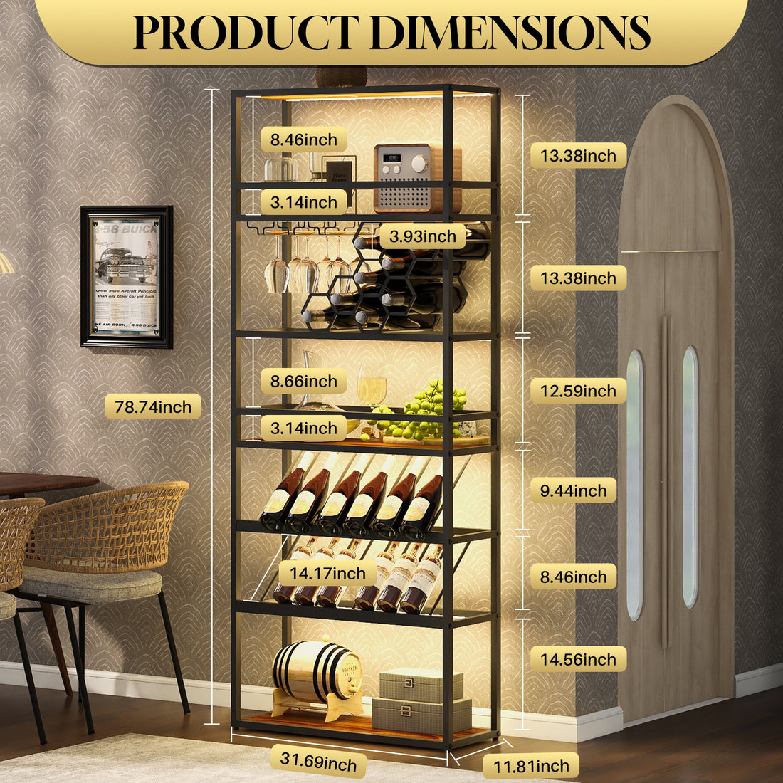 Led Tall Wine Rack Freestanding Floor, 7 Tier Wine Baker Rack With Glass Holder & Wine Storage, Industrial Wine Display Shelf Wine Bar Cabinet For Bar, Kitchen, Dining Room Walnut Black Dining Room Industrial Mdf Metal