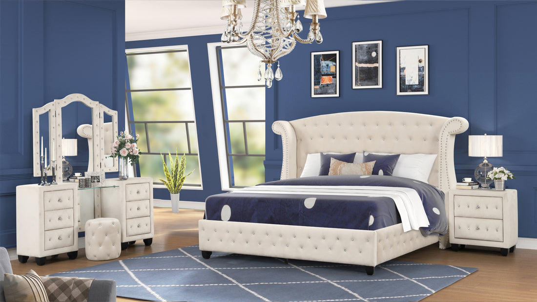 Crystal Tufted King 4 Pc Vanity Bedroom Set Made With Wood In Cream Box Spring Not Required King Cream Wood 4 Piece Set Bedroom Contemporary,Modern Upholstered Velvet Tufted Wood
