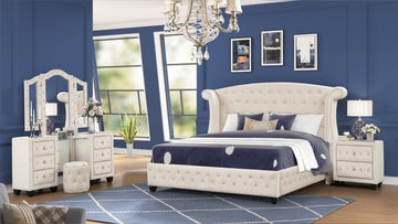 Crystal Tufted King 4 Pc Vanity Bedroom Set Made With Wood In Cream Box Spring Not Required King Cream Wood 4 Piece Set Bedroom Contemporary,Modern Upholstered Velvet Tufted Wood