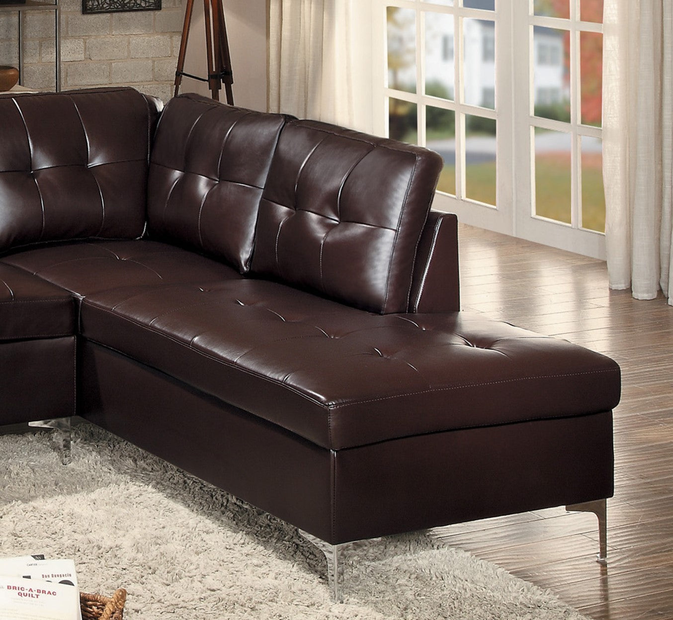 Contemporary Brown 3Pc Sectional Sofa With Rsf Chaise Ottoman Tufted Detail Faux Leather Upholstered Solid Wood Living Room Furniture L Shape Sofa Chaise Brown Faux Leather Wood Primary Living Space Contemporary L Shaped Solid Wood