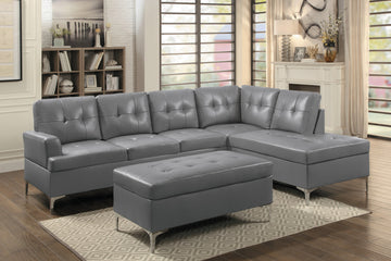 Contemporary Gray 3Pc Sectional Sofa With Rsf Chaise Ottoman Tufted Detail Faux Leather Upholstered Solid Wood Living Room Furniture L Shape Sofa Chaise Gray Faux Leather Wood Primary Living Space Contemporary L Shaped Solid Wood