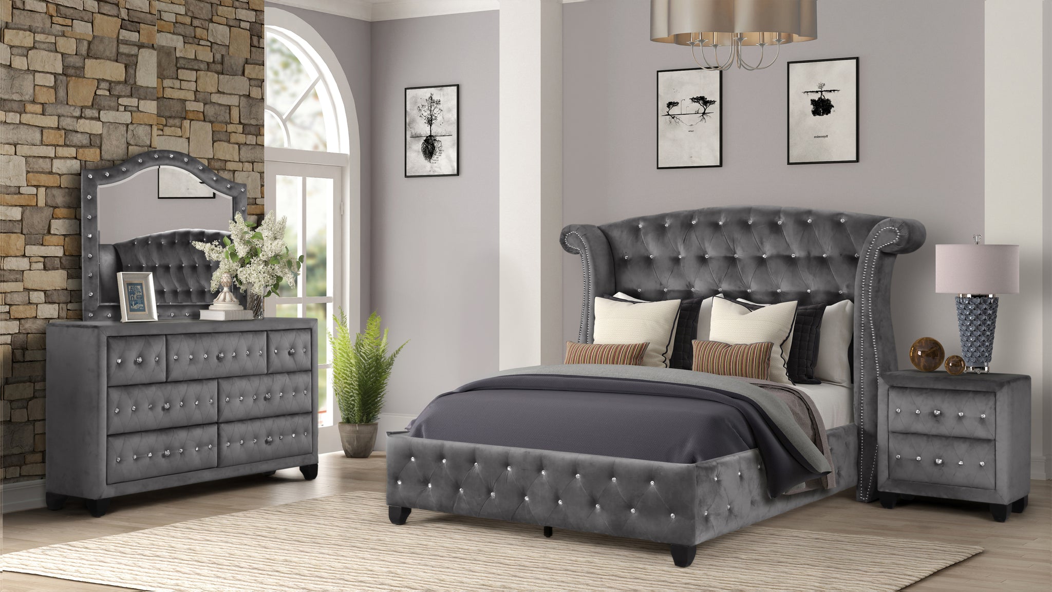 Sophia Modern Style Crystal Tufted Queen 4 Piece Includes: Queen Size Bed, Nightstand, Dresser, And Mirror Velvet Fabric Upholstery Bedroom Set Made With Wood In Gray Box Spring Not Required Queen Gray Wood 4 Piece Set Bedroom Contemporary,Modern Acacia