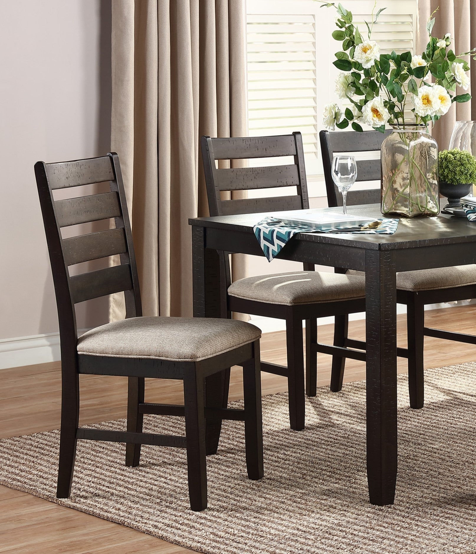 7Pc Dining Set Brown Finish Table And 6 Side Chairs Beige Upholstery Seat Ladder Back Wooden Kitchen Dining Furniture Wood Wood Brown Seats 6 Wood Dining Room 60 Inches Casual,Contemporary,Farmhouse,Transitional 4 Leg Rectangular Dining Table With Chair