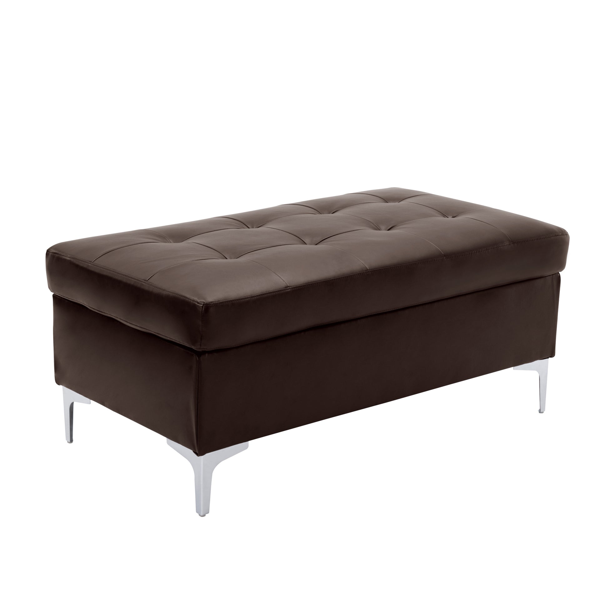 Contemporary Brown Tufted Top 1Pc Ottoman Faux Leather Upholstered Solid Wood Frame Living Room Furniture Silver Metal Legs Brown Wood Primary Living Space Brown Contemporary Rectangle Solid Wood